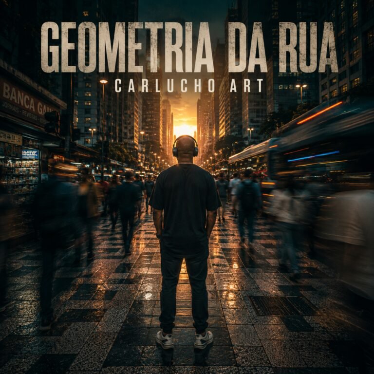 Capa de Geometria da Rua, de Carlucho ART, com um homem caminhando pela rua entre prédios e ônibus