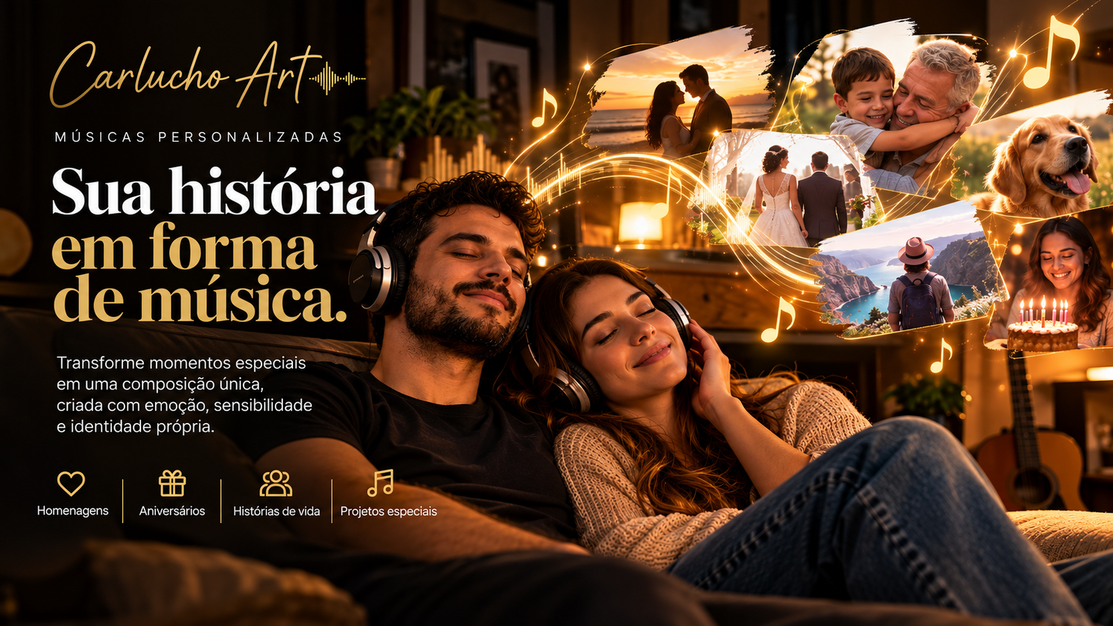 Casal ouvindo música com fones de ouvido em uma cena que representa a criação de músicas personalizadas da CARLUCHO ART.