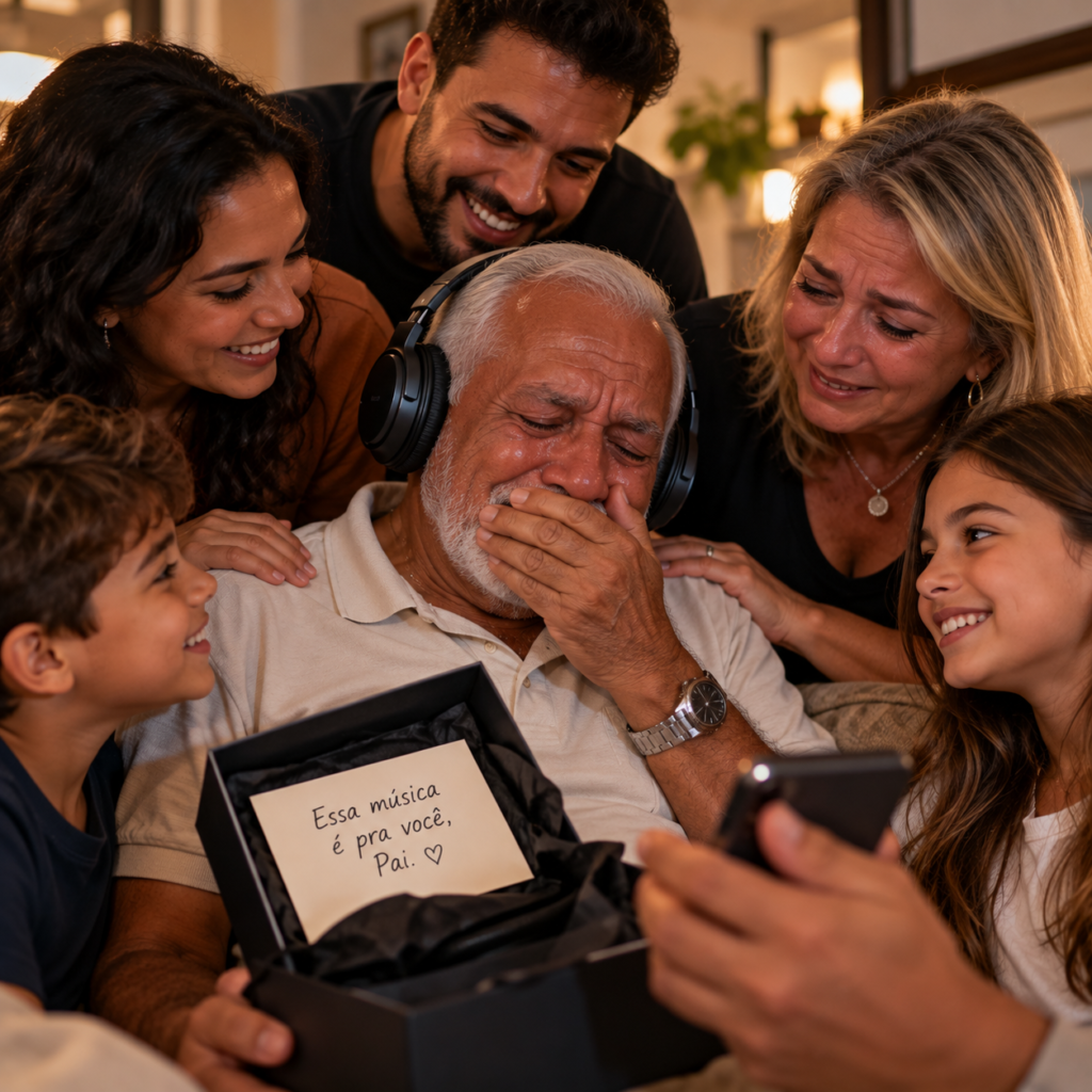 Pai idoso se emociona ao ouvir uma música personalizada, cercado pela família reunida para homenageá-lo.