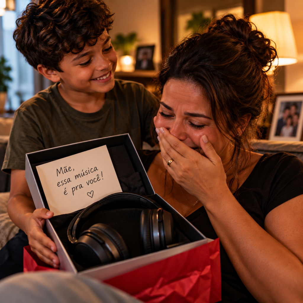 Filho presenteia a mãe emocionada com uma música personalizada em uma caixa de presente.