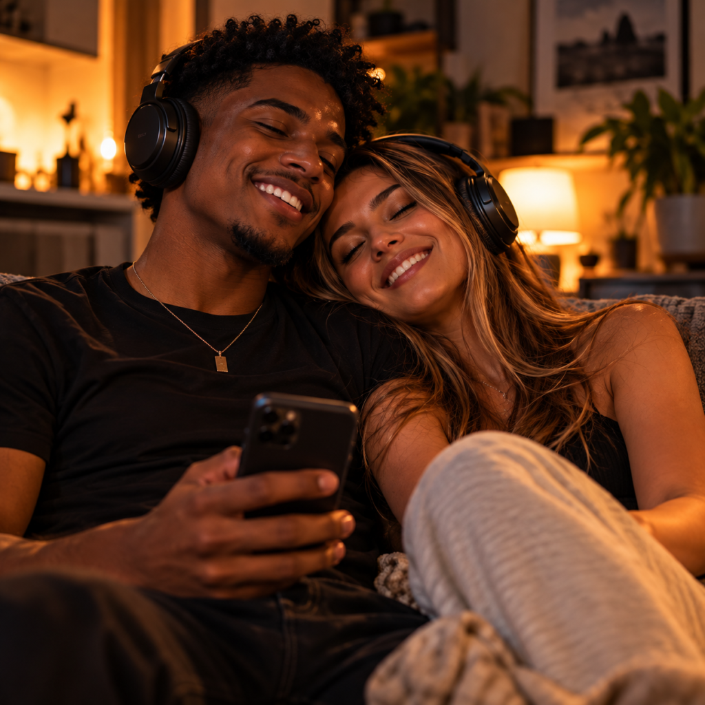 Casal apaixonado ouvindo música juntos em um momento de carinho e conexão